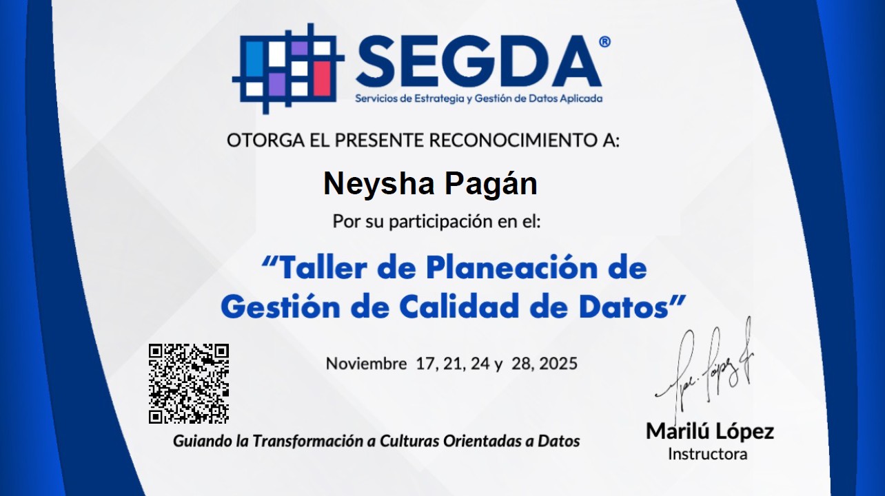 Taller: Planeación de Gestión de Calidad de Datos certificate