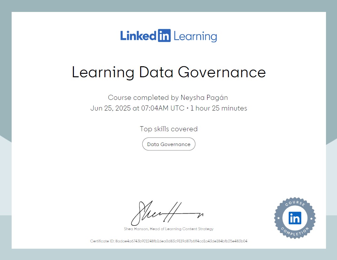 LinkedIn Learning certificate: Learning Data Governance