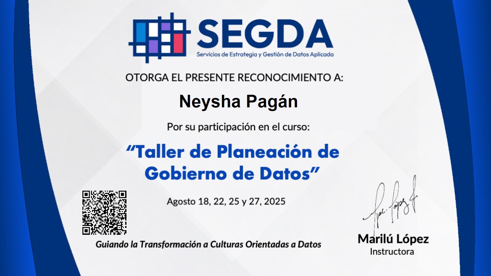 Taller: Planeación de Gobierno de Datos certificate